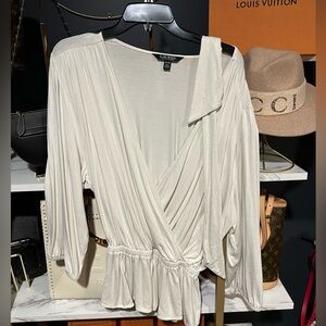 Beige Ralph Lauren Belted Blouse Deep V-Neckline